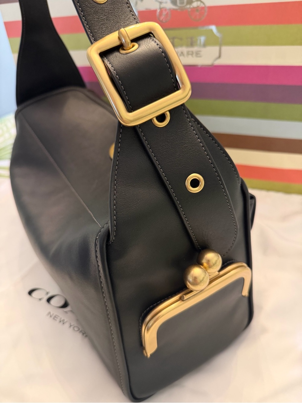 NWT Coach Haversack CDZ12 Black Leather Brass Shoulder Bag, Bleecker Archive - Picture 5 of 10